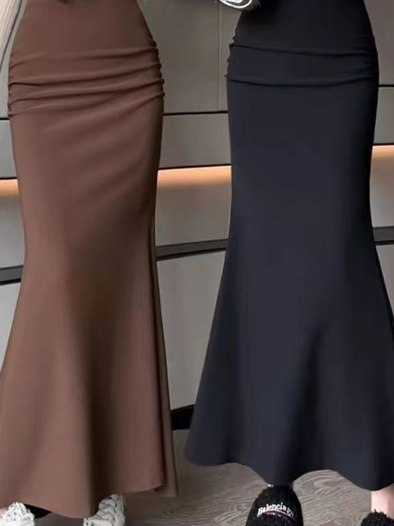 A-Line Skirt Midi - Fashionable Korean Style Pure Color Elastic
