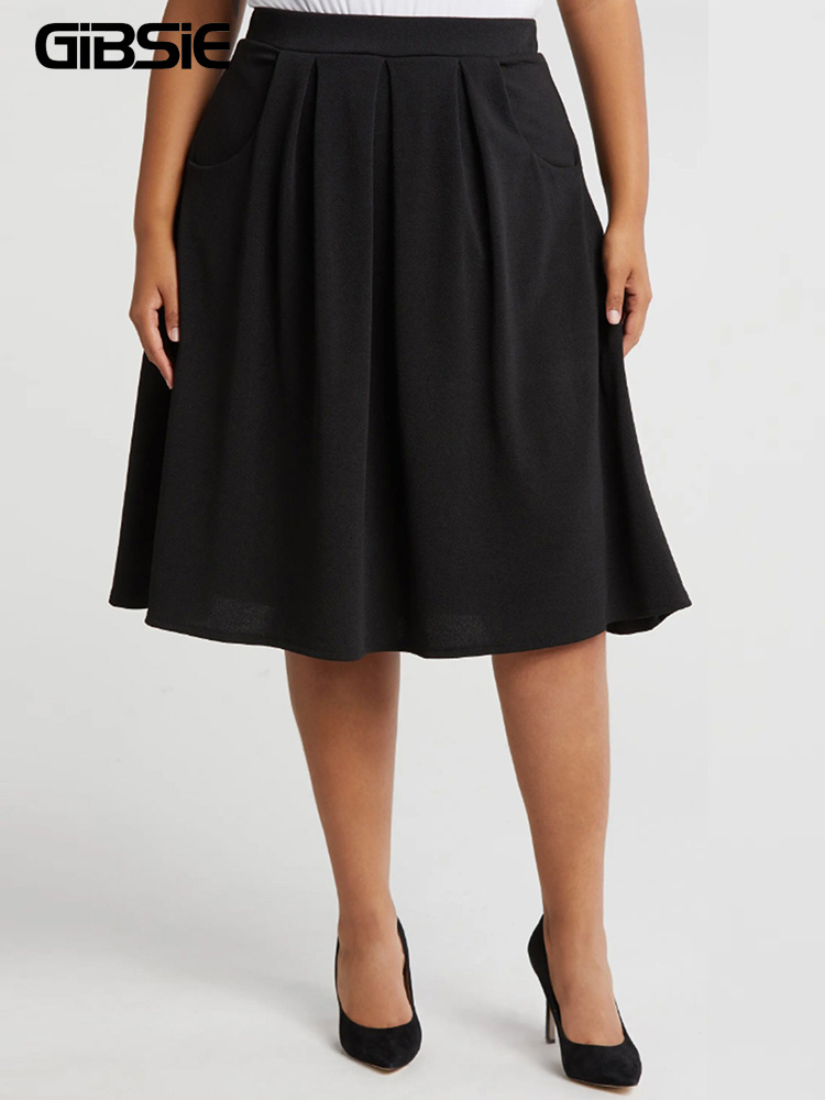 A-Line Skirt Midi - GIBSIE Plus Size Solid Color Knitted