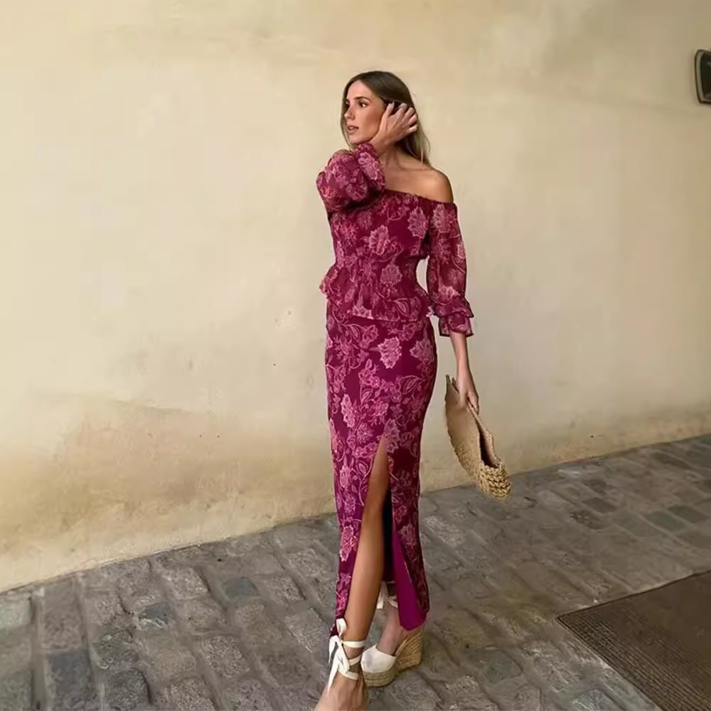 Fashion Women Picture - Women's Fashion Printed Off-Shoulder Rose Red