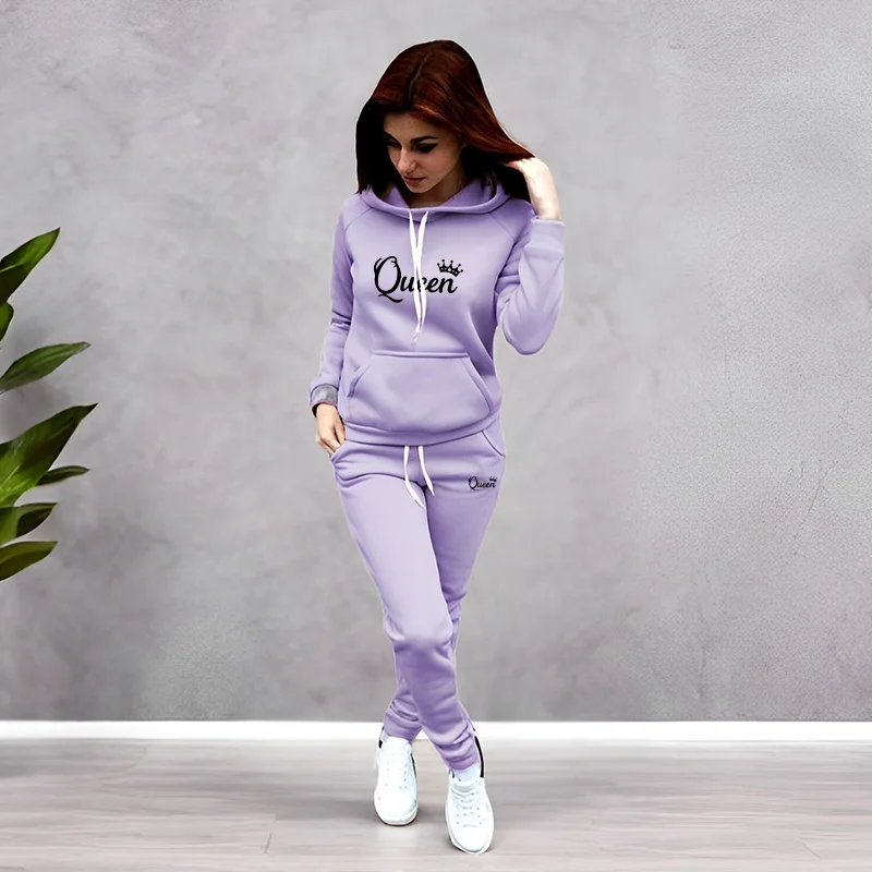 Women Fashion Outfits - Womens Tracksuit Queen Letter Printing Hooded