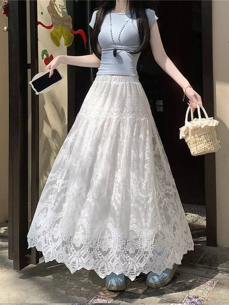 A-Line Skirt Midi - plus Size Women's High Waist Lace