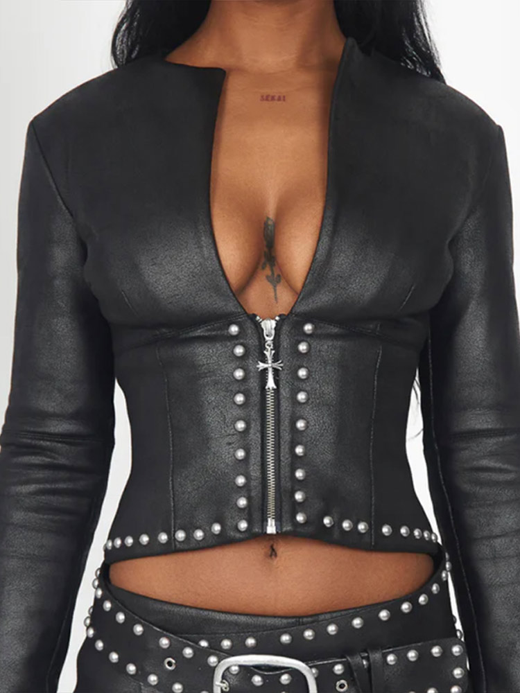 Fashion Rivet Decor Pu Leather - Women'S Fashion Leather Jacket recension och pris